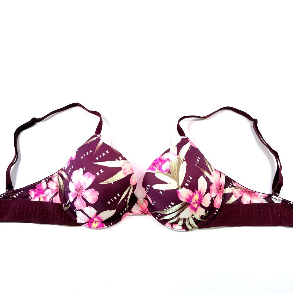 VS PINK Wear Everywhere T-Shirt Lightly Lined Bra - Maroon Pink Floral - 32D